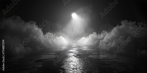  Smoke and fog on a dark street at night Night futuristic landscape, cold night, smog, moon ,trees  in the fog. Reflection of the light Cloudy night sky background and wallpaper  photo