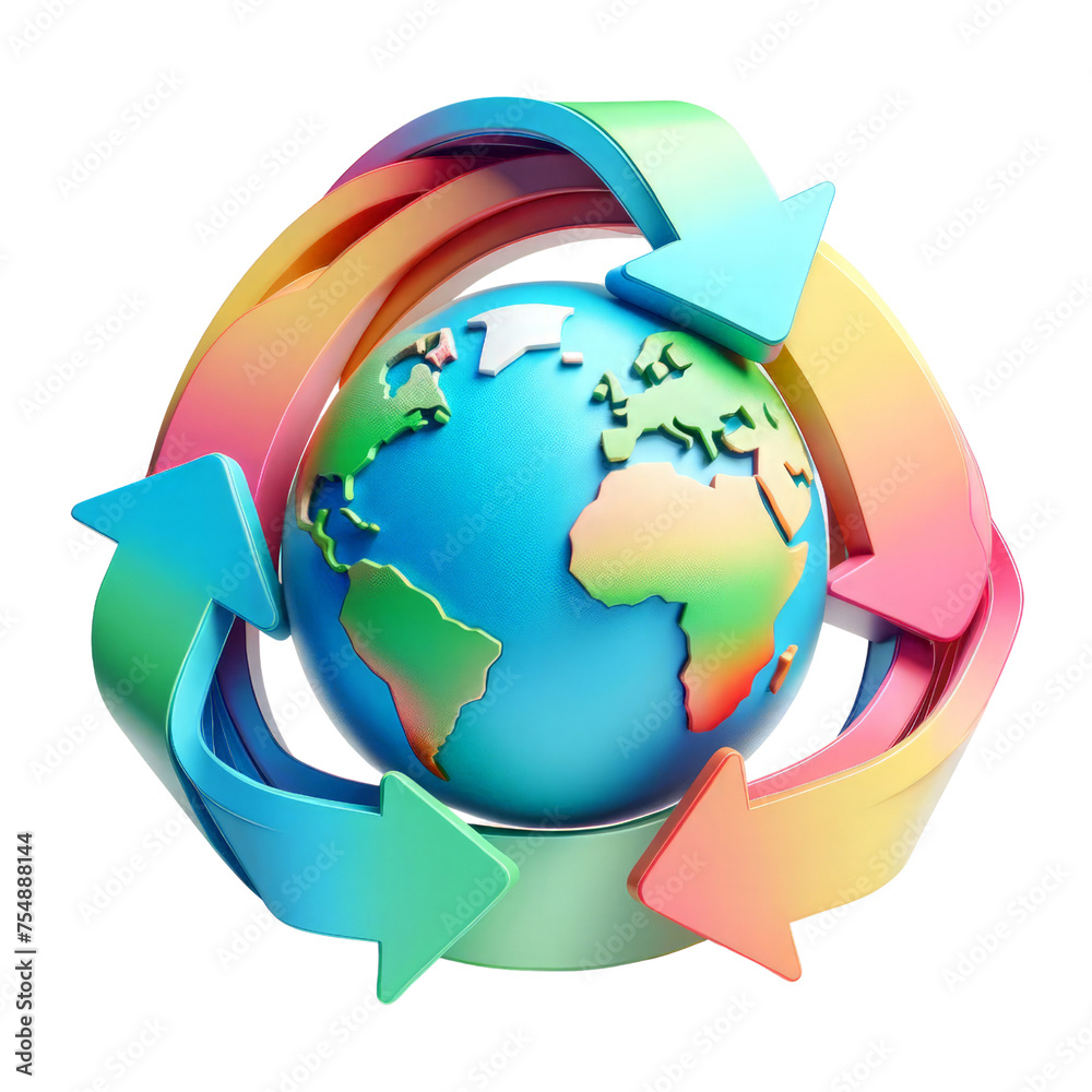 A colorful globe with arrows pointing to it. Concept of a world that is constantly changing and evolving. The colors and shapes of the arrows suggest a sense of movement