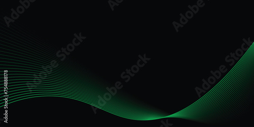 Vector abstract light lines wavy flowing dynamic in green colors isolated on black background.