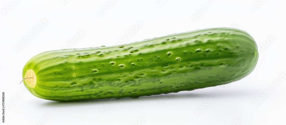 A green cucumber, a vegetable and staple food, with water drops on it. This terrestrial plant is a natural food and ingredient popular in vegan nutrition, set against a white background A green cucumber, a vegetable and staple food, with water drops on it. This terrestrial plant is a natural food and ingredient popular in vegan nutrition, set against a white background