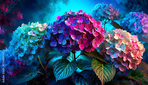 Abstract colorful hydrangea flowers on a blue background  impressionism and science on digital art concept.