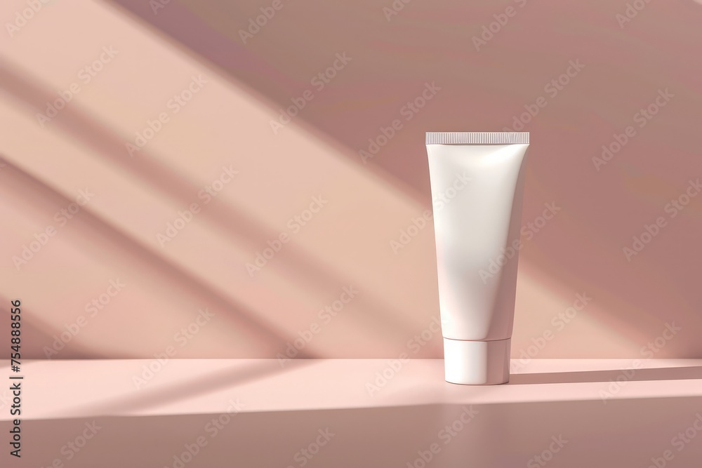 A tube of cream rests on a table, showcasing a cosmetic product mockup for beauty skincare packaging. A tube of cream rests on a table, showcasing a cosmetic product mockup for beauty skincare packaging.