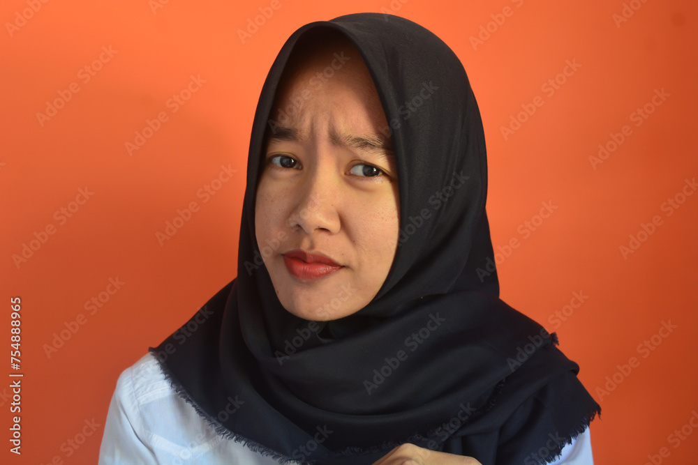 Close up photo of pretty cheerful lady stylish orange clothes arm direct empty space beauty procedure isolated on purple color background