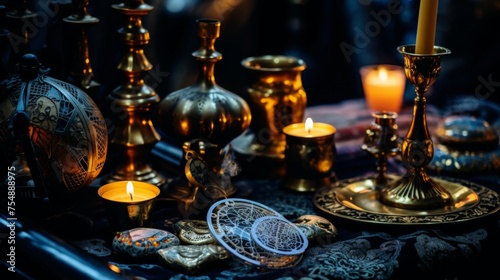 Antique tableware illuminated by the enchanting glow of burning candles in a mystical setting