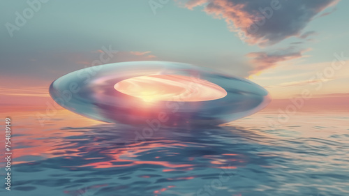 the sleek, oval-shaped spaceship cruising above the water in the golden light of the setting sun, harboring the wondrous secret of another world within.