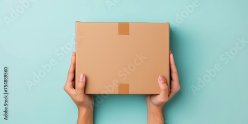 Hands presenting a cardboard box against a blue background, symbolizing delivery and eco-friendly packaging. © DailyStock