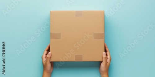 Hands presenting a cardboard box against a blue background, symbolizing delivery and eco-friendly packaging. © DailyStock