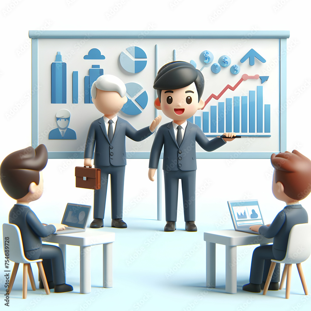 A 3d flat icon of business and financial concept happy A businessman giving a presentation on market analysis to colleagues in a conference room with isolated white background and business tone A 3d flat icon of business and financial concept happy A businessman giving a presentation on market analysis to colleagues in a conference room with isolated white background and business tone