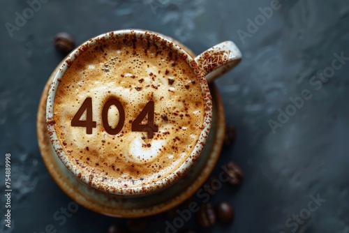Error 404 page not found. Website 404 web failure. Oops trouble internet warning design. Latte coffee with 404 on the foam