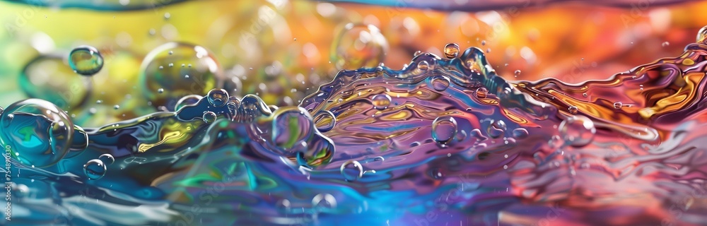 close up of water in rainbow colors splashing in transparent tank for background