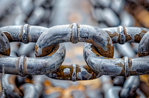 Close-up of a heavy, rusty chain on a metallic surface 