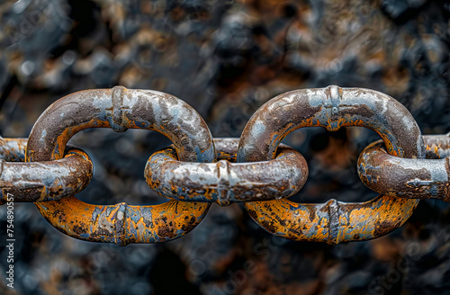 Close-up of a heavy, rusty chain on a metallic surface  © Korea Saii
