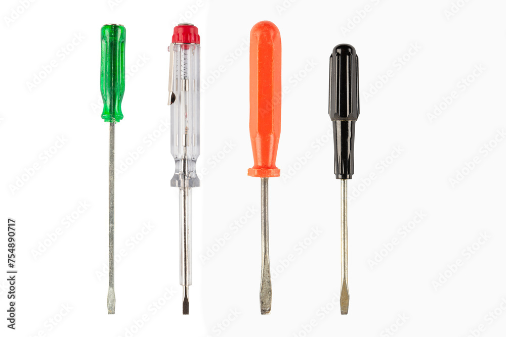 Set of multi-colored screwdrivers flat head isolated on white background. Work tool. Set of multi-colored screwdrivers flat head isolated on white background. Work tool.