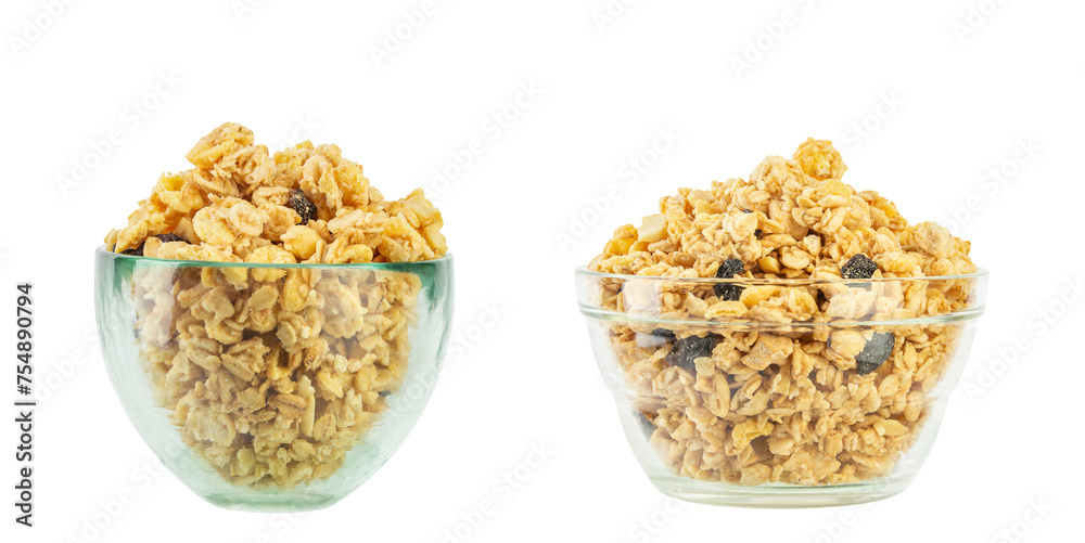 Two plates of muesli breakfast cereal. Isolated on white background. Two plates of muesli breakfast cereal. Isolated on white background.