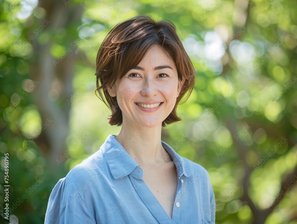 Smiling Woman in Blue Shirt and Necklace, Celebrating the Month of May Generative AI Smiling Woman in Blue Shirt and Necklace, Celebrating the Month of May Generative AI