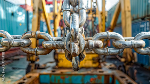 Close-up of a heavy, rusty chain on a metallic surface 