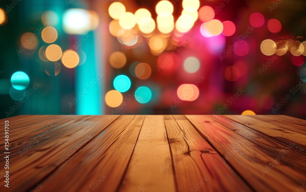A wooden table with a blurry background and a Christmas tree in the background A wooden table with a blurry background and a Christmas tree in the background