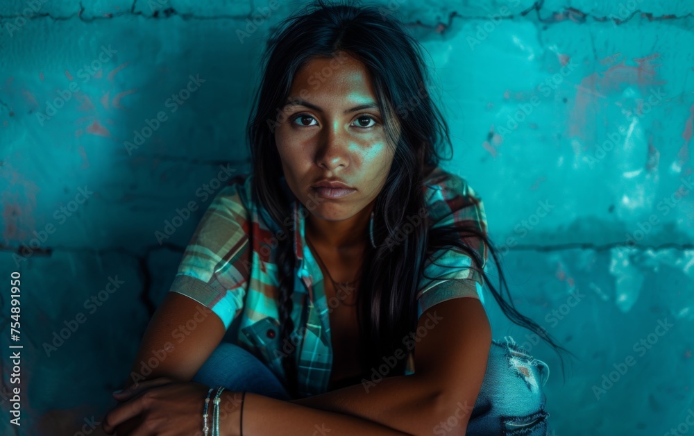 Fototapeta premium A woman with long hair is sitting on the ground and looking at the camera. She is wearing a plaid shirt and jeans