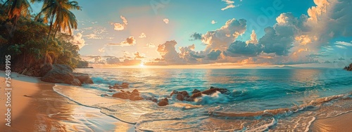 Tropical Beach Sunset with Golden Sky and Aquamarine Sea © DVS