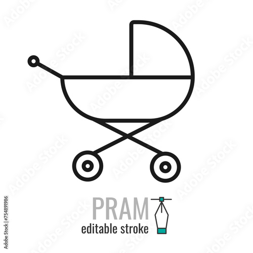 Pram line icon. Baby carriage symbol. Stroller outline vector icon.Linear style sign for mobile concept and web design. Symbol, logo illustration EPS 10. Editable stroke