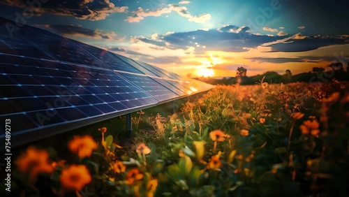 solar panels among flowers and sunlight
