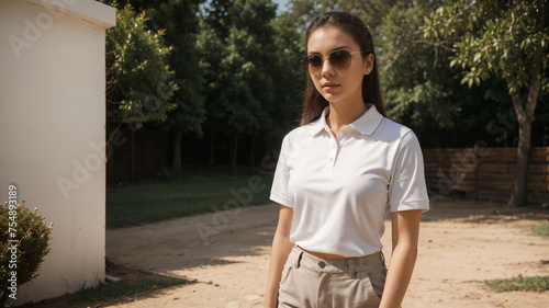 Young woman wearing blank white polo shirt. Young female, ponytail and sunglasses. Mock up template for sweatshirt design, print area for logo or design. Brunette model outside, summer clothing.