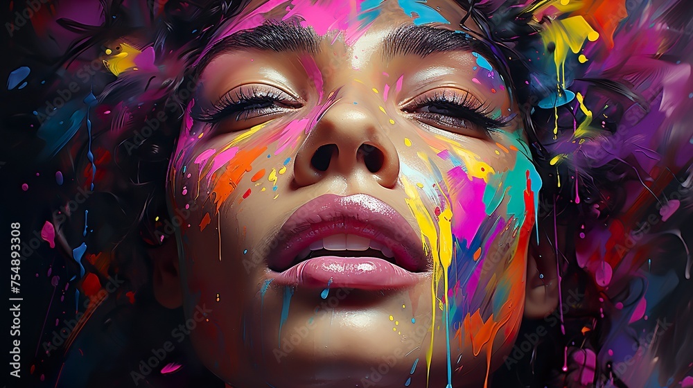 Fototapeta premium Farben im Gesicht, abstrakte Kunst, KI, Bunte Farben, Vielfalt, Portrait, Designfarben