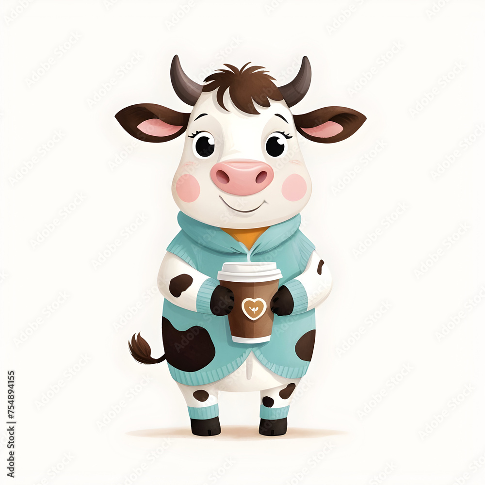 Cartoon Cow Holding Coffee illustration for kids books