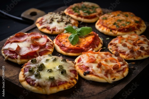 Crispy Pan mini pizzas. Italian fresh baked cheese dinner meal. Generate Ai
