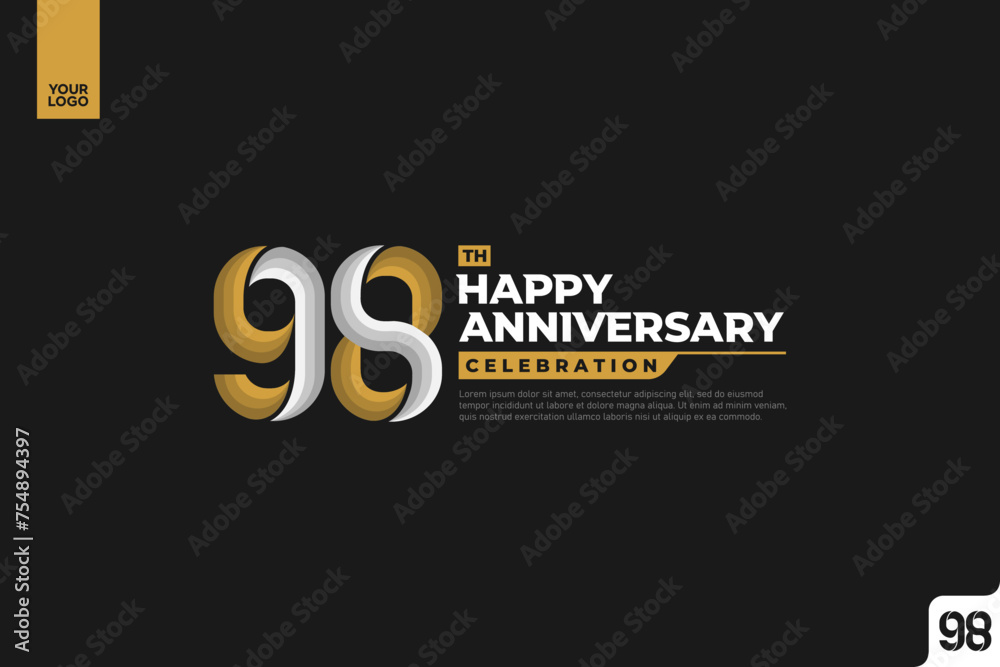 98th happy anniversary celebration with gold and silver on white background.