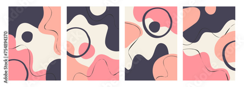 Set of abstract backgrounds with various hand drawn dynamic shapes and black wavy lines for creative graphic design. Vector illustration.