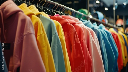 Colorful Hoodies and Sweatshirts Displayed in Clothing Store