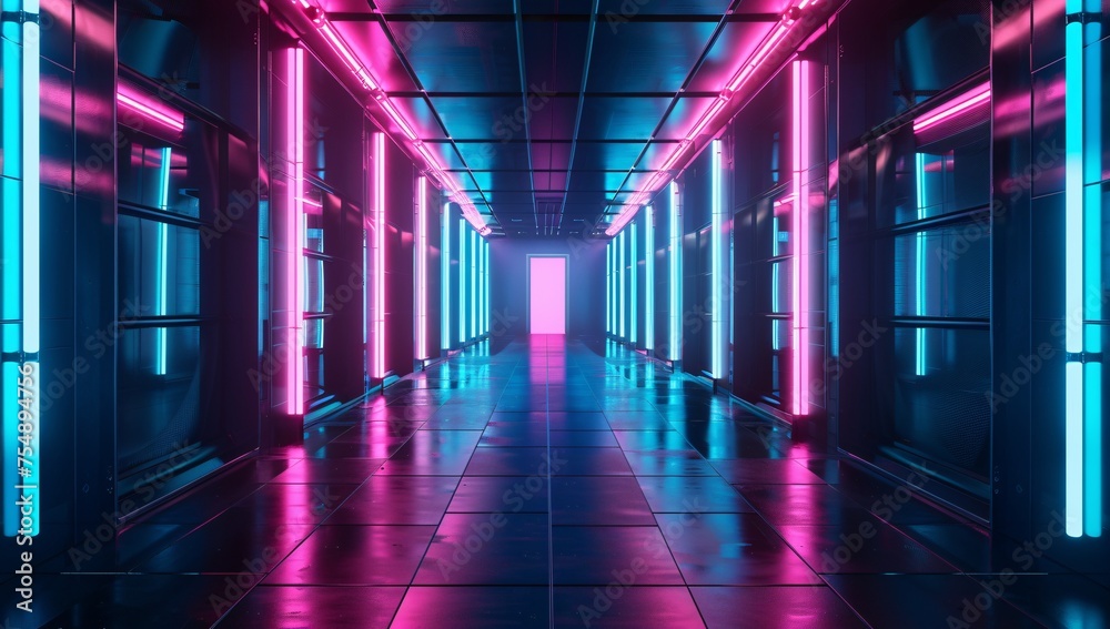 Neon-Lit Hallway A Pink and Blue Tunnel of Light Generative AI