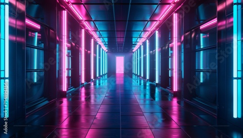 Neon-Lit Hallway A Pink and Blue Tunnel of Light Generative AI