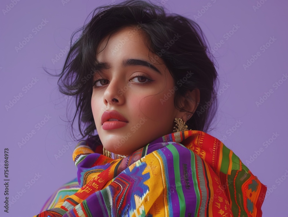 A woman with a colorful scarf draped over her shoulders. She has a red lip and is wearing earrings A woman with a colorful scarf draped over her shoulders. She has a red lip and is wearing earrings