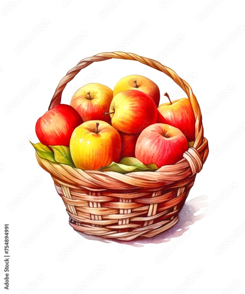 Wicker basket with ripe apples isolated on white background, watercolor illustration.