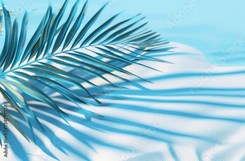 Blue palm leaf casting a shadow on a white blanket.