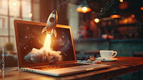 Empower your startup journey with technology  A laptop in a coffee shop  launching success and innovation like a stylized rocket. Ideal for marketing  communication  and advertising concepts. 