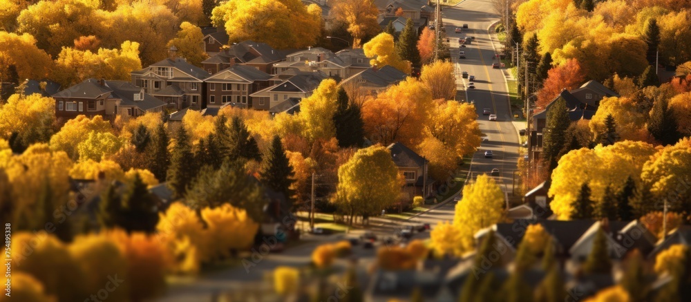 seen from above the city settlements in autumn with yellow and red leaves - obrazy, fototapety, plakaty 