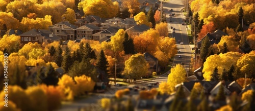 seen from above the city settlements in autumn with yellow and red leaves photo