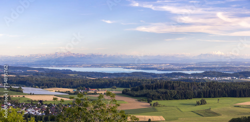 Blick vom Aussichtsturm Hohenbodman bei Owingen auf den Bodensee und die Alpen