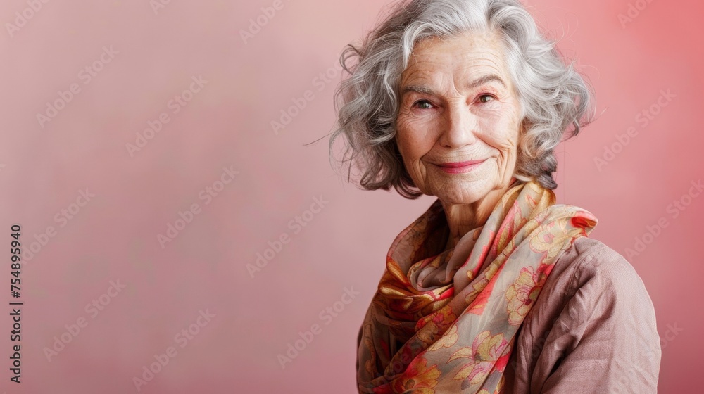 Portrait of a Beautiful Elderly Woman in 50s with Grey Hair and Silk Scarf Portrait of a Beautiful Elderly Woman in 50s with Grey Hair and Silk Scarf