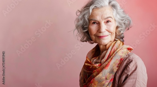 Portrait of a Beautiful Elderly Woman in 50s with Grey Hair and Silk Scarf