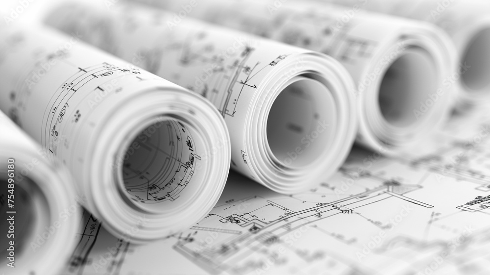 Roll of architectural drawing paper and blueprints. Specifies plans, designs, and technical drawings related to architecture and construction. - obrazy, fototapety, plakaty 