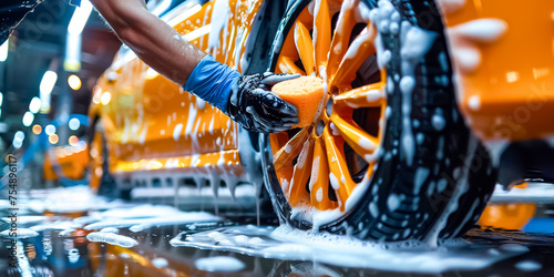 Car wash with foam soap. Close-up of a worker's hand with protective gloves washing a yellow car alloy wheel with a sponge. Car Wash Banner with Copy Space photo