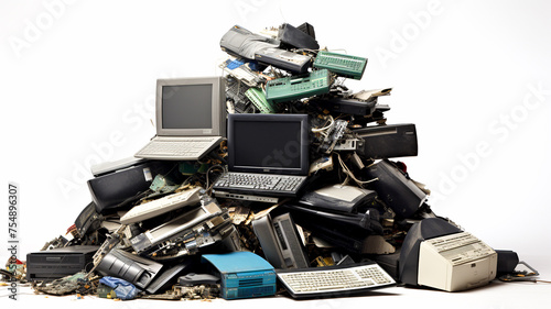 Pile of electronic waste on white background