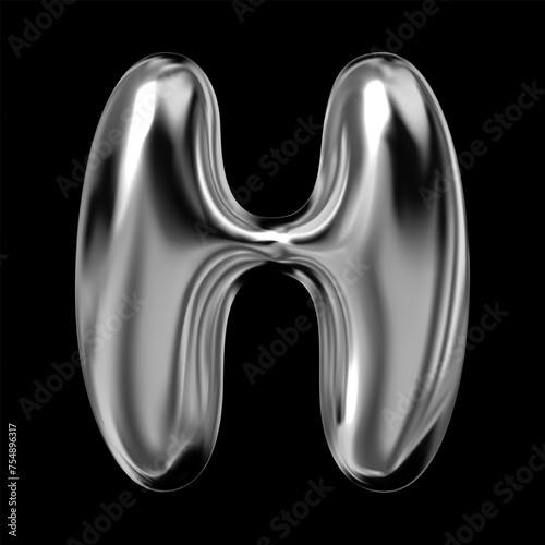 3D chrome letter H from English alphabet, Y2K retro typeface with inflated balloon bubble font style, rendered in liquid metal with glossy shiny fluid surface, vector isolated