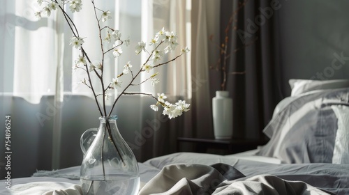 In a modern bedroom with Scandinavian interior design a glass vase with a flower bouquet sits near 