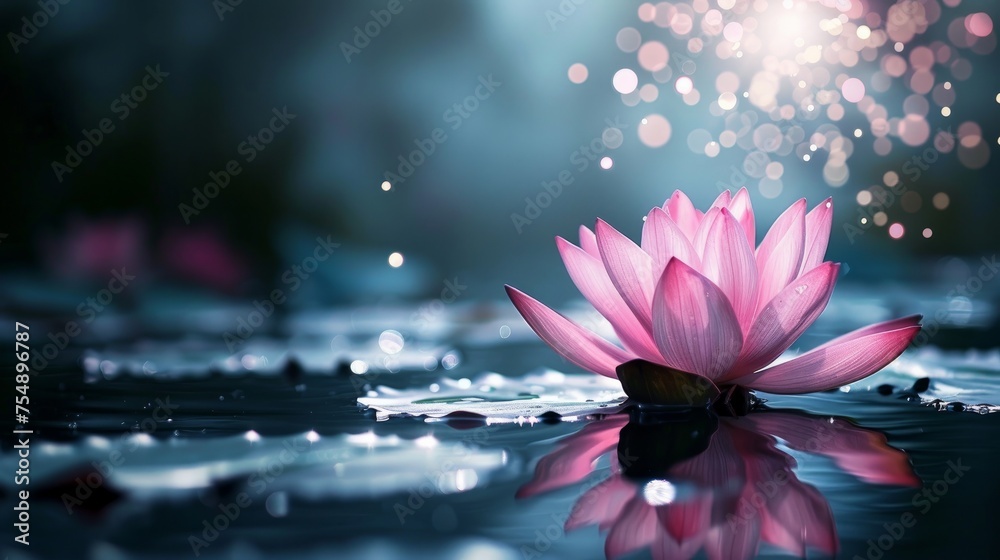 Magical Pink Lotus on Water with Shiny Blossom Light 