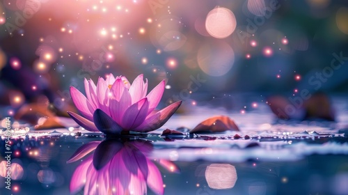 Magical Pink Lotus on Water with Shiny Blossom Light 